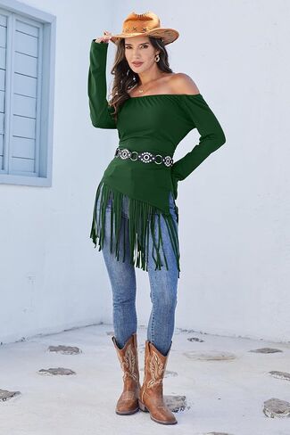Tassel Shirts for Women Off The Shoulder Long Sleeve Western Cowgirl Stretchy Fringe Tops Country Concert Outfits in Saudi Arabia