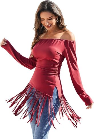 Tassel Shirts for Women Off The Shoulder Long Sleeve Western Cowgirl Stretchy Fringe Tops Country Concert Outfits in Saudi Arabia
