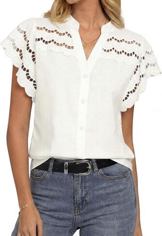 GRACE KARIN Womens Summer Eyelet Tops Dressy Casual,Ruffle Short Sleeve Button Down Shirts,V Neck Embroidered Cotton Blouses in Saudi Arabia