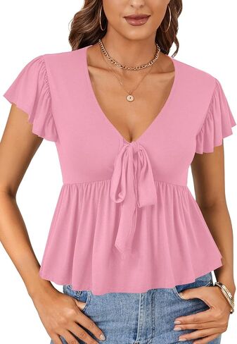 OPOIPIN Women's Deep V Neck Tie Knot Front Ruffle Hem Short Sleeve Blouse Peplum Top in Saudi Arabia