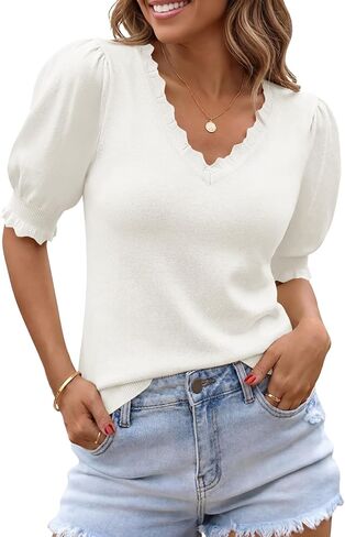 Saodimallsu Womens Puff Short Sleeve Sweater Tops V Neck Ruffle Trendy Casual Knit Pullover T Shirts Blouses in Saudi Arabia