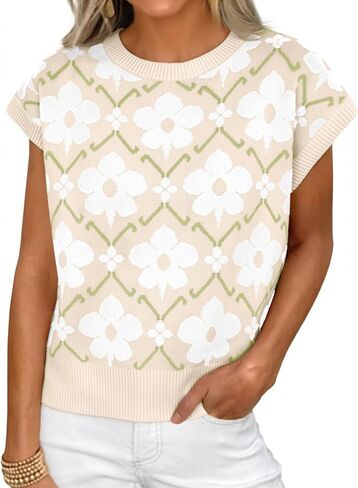 Cicy Bell Women’s Sweater Vest Summer Floral Cap Sleeve Sweaters Crew Neck Dressy Casual Knit Trendy 2026 Tops in Saudi Arabia