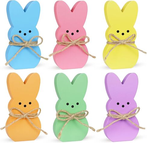 Easter Table Decorations Bunny Decor, 6 Pcs Wooden Bunny Easter Signs with Rope, Cute Rabbit for Home Tiered Tray Mantel Office Kitchen Room Tabletop Centerpiece Shelf Vase Holiday Party Spring Decor in Saudi Arabia
