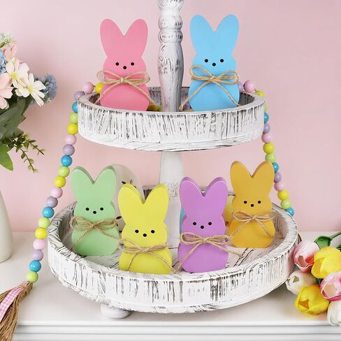 Easter Table Decorations Bunny Decor, 6 Pcs Wooden Bunny Easter Signs with Rope, Cute Rabbit for Home Tiered Tray Mantel Office Kitchen Room Tabletop Centerpiece Shelf Vase Holiday Party Spring Decor in Saudi Arabia