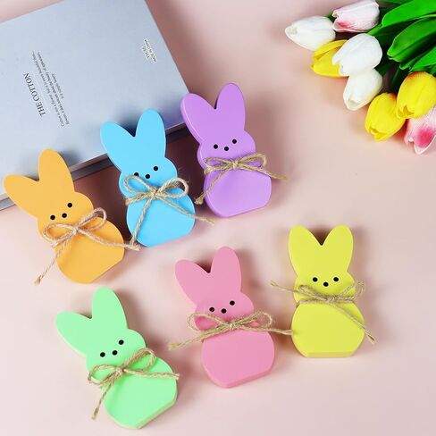 Easter Table Decorations Bunny Decor, 6 Pcs Wooden Bunny Easter Signs with Rope, Cute Rabbit for Home Tiered Tray Mantel Office Kitchen Room Tabletop Centerpiece Shelf Vase Holiday Party Spring Decor in Saudi Arabia