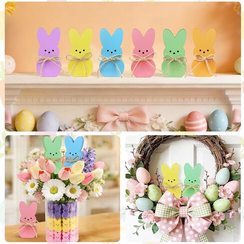 Easter Table Decorations Bunny Decor, 6 Pcs Wooden Bunny Easter Signs with Rope, Cute Rabbit for Home Tiered Tray Mantel Office Kitchen Room Tabletop Centerpiece Shelf Vase Holiday Party Spring Decor in Saudi Arabia