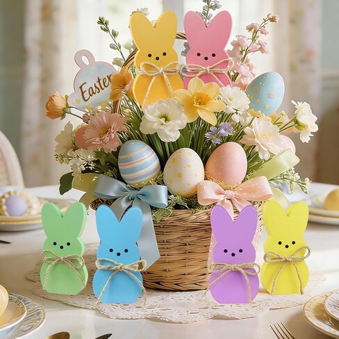 Easter Table Decorations Bunny Decor, 6 Pcs Wooden Bunny Easter Signs with Rope, Cute Rabbit for Home Tiered Tray Mantel Office Kitchen Room Tabletop Centerpiece Shelf Vase Holiday Party Spring Decor in Saudi Arabia