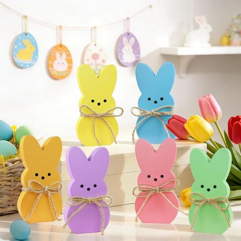 Easter Table Decorations Bunny Decor, 6 Pcs Wooden Bunny Easter Signs with Rope, Cute Rabbit for Home Tiered Tray Mantel Office Kitchen Room Tabletop Centerpiece Shelf Vase Holiday Party Spring Decor in Saudi Arabia