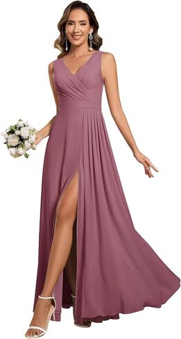 Ever-Pretty Women's Elegant V-Neck Ruched Draped Split Sleeveless Chiffon A Line Maxi Bridesmaid Dresses 00096 in Saudi Arabia