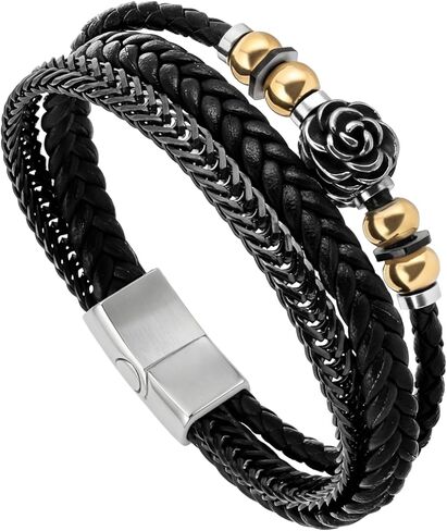 Black Leather Bracelet with Stainless Steel Clasp Vintage Multi-Layer Leather Rope Braided Knot Beads Cuff Bracelet or Men and Women Active Daily Wear in Kuwait