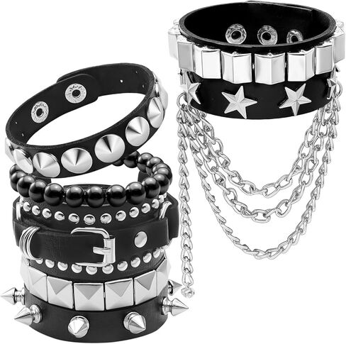 RechicGu 6 Pcs Emo Punk Rock Spiked Studded Bracelets Set for Women Men Goth Punk Grunge Accessories Adjustable PU Leather Cuff Bracelets Retro Beaded Y2K Star Chain Wristband for Alt Gothic Outfits in Saudi Arabia