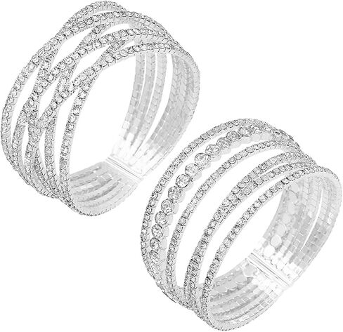 NEWITIN 2 Pieces Rhinestone Cuff Bracelet for Women Crystal Multilayer Bridal Bracelet Silver Adjustable Bangle Sparkling Rhinestone Open Bracelets for Women Costume Jewelry Dance Party Wedding in Saudi Arabia