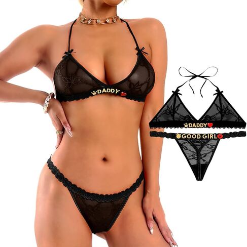 Sexy Lingerie for Women 2 Piece Lace Bra and Panty Set – Sheer Mesh Bralette and Thong in Saudi Arabia