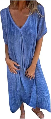 Womens Casual Cotton Linen Dresses Short Sleeve V Neck Midi Dress Loose Summer Vacation Beach Dress in Saudi Arabia
