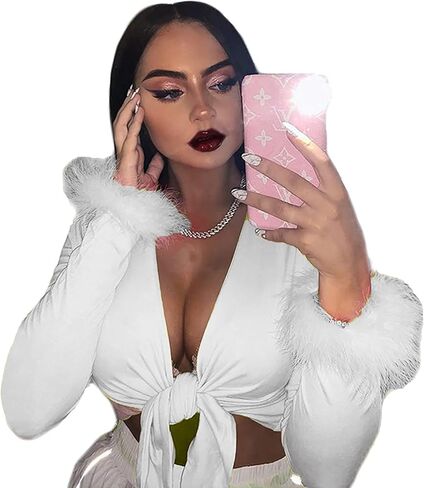 Zoyami Womens Sexy Tie Front Long Sleeve Crop Top Feather Trim V Neck Blouse in Kuwait