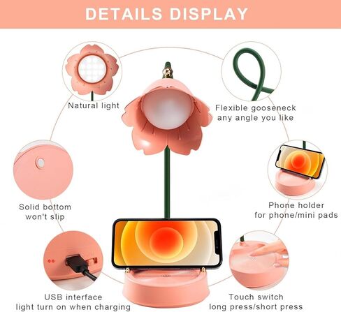 مصباح مكتب للأطفال، مصباح طاولة LED قابل للتعتيم مع 3 درجات حرارة ألوان، مصباح مكتب قابل لإعادة الشحن مع مستشعر باللمس وذراع مرن، مصباح بجانب السرير USB للقراءة والتعلم والعمل (وردي) in Saudi Arabia