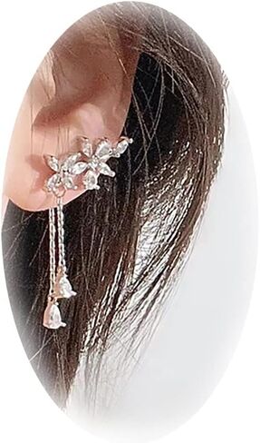 Crawler Earrings For Women Cubic Zirconia Flower Drop Dangle Earrings For Sparkly Rhinestone Crystal Crawler Stud Curved Climber Cartilage Earrings With Tassel Chain for Bridal Wedding Jewelry (Crystal Flower) in Kuwait