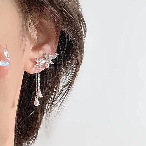 Crawler Earrings For Women Cubic Zirconia Flower Drop Dangle Earrings For Sparkly Rhinestone Crystal Crawler Stud Curved Climber Cartilage Earrings With Tassel Chain for Bridal Wedding Jewelry (Crystal Flower) in Kuwait
