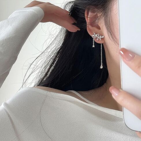 Crawler Earrings For Women Cubic Zirconia Flower Drop Dangle Earrings For Sparkly Rhinestone Crystal Crawler Stud Curved Climber Cartilage Earrings With Tassel Chain for Bridal Wedding Jewelry (Crystal Flower) in Kuwait