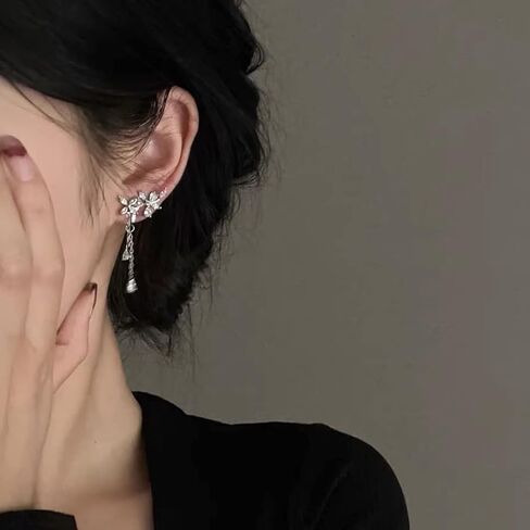 Crawler Earrings For Women Cubic Zirconia Flower Drop Dangle Earrings For Sparkly Rhinestone Crystal Crawler Stud Curved Climber Cartilage Earrings With Tassel Chain for Bridal Wedding Jewelry (Crystal Flower) in Kuwait