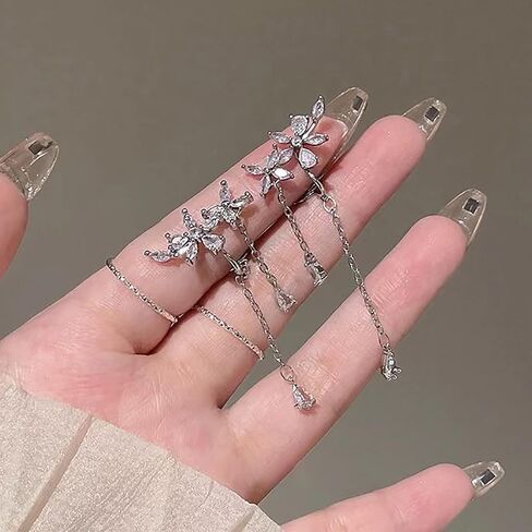 Crawler Earrings For Women Cubic Zirconia Flower Drop Dangle Earrings For Sparkly Rhinestone Crystal Crawler Stud Curved Climber Cartilage Earrings With Tassel Chain for Bridal Wedding Jewelry (Crystal Flower) in Kuwait