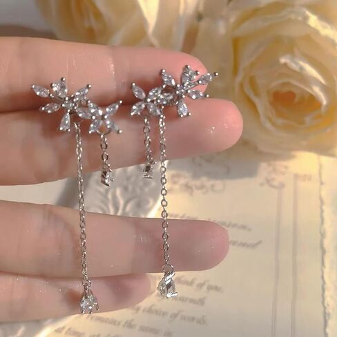 Crawler Earrings For Women Cubic Zirconia Flower Drop Dangle Earrings For Sparkly Rhinestone Crystal Crawler Stud Curved Climber Cartilage Earrings With Tassel Chain for Bridal Wedding Jewelry (Crystal Flower) in Kuwait