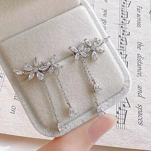 Crawler Earrings For Women Cubic Zirconia Flower Drop Dangle Earrings For Sparkly Rhinestone Crystal Crawler Stud Curved Climber Cartilage Earrings With Tassel Chain for Bridal Wedding Jewelry (Crystal Flower) in Kuwait