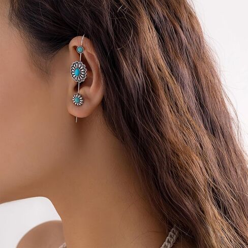 Western Turquoise Ear Wrap Earrings Boho Turquoise Helix Hook Earrings for Women Statement Long Bar Cartilage Piercing Earrrings Country Concert Outfits for Women in Saudi Arabia