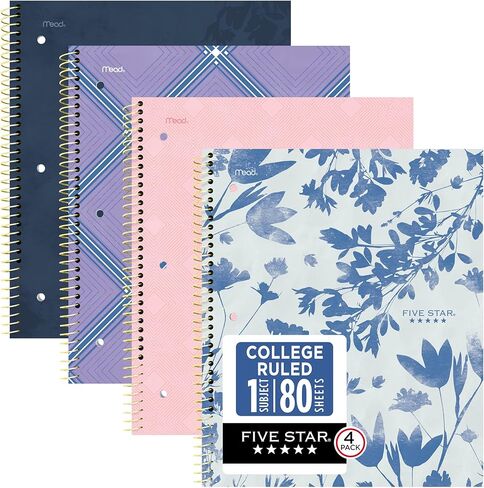 Five Star Spiral Notebook + Study App, 1 Subject, College Ruled Paper, 8-1/2" x 11", 80 Sheets, Styles, 4 Pack (850222F) in Saudi Arabia