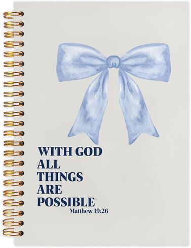 Coquette Blue Bow Christian Spiral Journal Notebook 5.5x8.3in، مع الله كل الأشياء ممكنة، مجلة صلاة ملهمة للمرأة، دفاتر ملاحظات الكتاب المقدس ملهمة لتدوين الملاحظات in Kuwait
