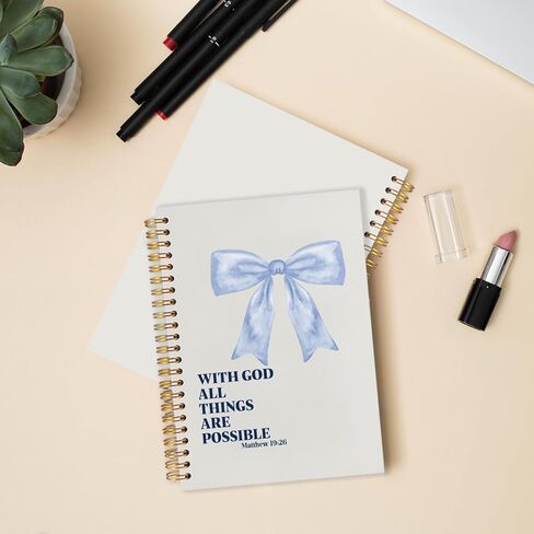 Coquette Blue Bow Christian Spiral Journal Notebook 5.5x8.3in، مع الله كل الأشياء ممكنة، مجلة صلاة ملهمة للمرأة، دفاتر ملاحظات الكتاب المقدس ملهمة لتدوين الملاحظات in Kuwait