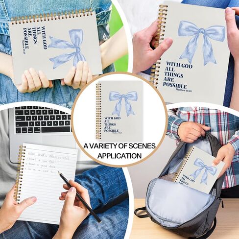 Coquette Blue Bow Christian Spiral Journal Notebook 5.5x8.3in، مع الله كل الأشياء ممكنة، مجلة صلاة ملهمة للمرأة، دفاتر ملاحظات الكتاب المقدس ملهمة لتدوين الملاحظات in Kuwait