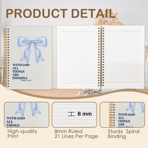 Coquette Blue Bow Christian Spiral Journal Notebook 5.5x8.3in، مع الله كل الأشياء ممكنة، مجلة صلاة ملهمة للمرأة، دفاتر ملاحظات الكتاب المقدس ملهمة لتدوين الملاحظات in Kuwait