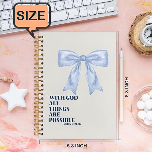 Coquette Blue Bow Christian Spiral Journal Notebook 5.5x8.3in، مع الله كل الأشياء ممكنة، مجلة صلاة ملهمة للمرأة، دفاتر ملاحظات الكتاب المقدس ملهمة لتدوين الملاحظات in Kuwait