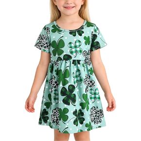 St Patrick Shamrock Toddler Girl Dress Green Clover Print Short Sleeve Dress 3-8Y in Saudi Arabia