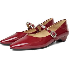 كعب ماري جين للنساء، حذاء أنيق بمقدمة مدببة مريح، كعب عريض منخفض مع حزام قابل للتعديل من حجر الراين لحفلات الزفاف (أحمر/أبيض، مقاس 5.5-9) in Kuwait