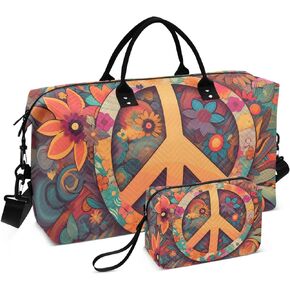 Duffel Bag Set with Toiletry Bag for Travel Gym Sport, Luggage Sleeve Weekender Bag Carry on Overnight Bag-Hippie Peace Print in Saudi Arabia
