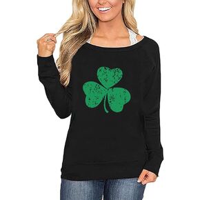 Roshop St Patricks Day Sweatshirt Women Green Long Sleeve Wide Boat Neck Lucky Shamrock Clover Irish Sweatshirts in Kuwait