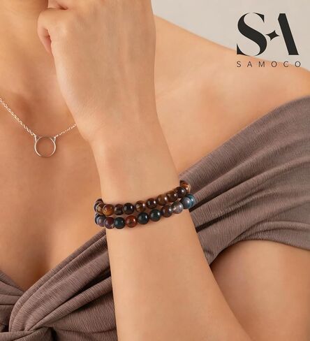 SAMOCO 16Pcs Natural Healing Crystal Bracelets for Women Men Semi-Precious Gemstone Beaded Bracelets Round Beads Gemstones Stretch Yoga Bracelet in Saudi Arabia