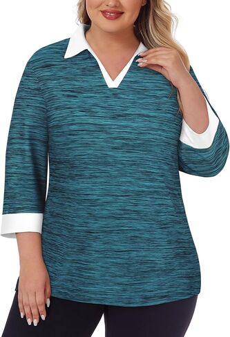 Koscacy Plus Size Womens Golf Polo Shirts 3/4 Sleeve Collared V Neck Colorblock Workout Tops in Saudi Arabia