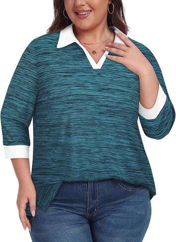 Koscacy Plus Size Womens Golf Polo Shirts 3/4 Sleeve Collared V Neck Colorblock Workout Tops in Saudi Arabia