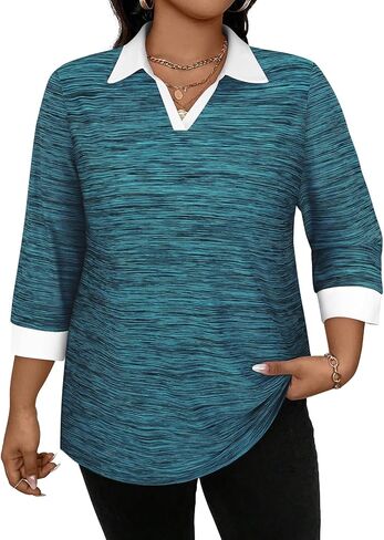Koscacy Plus Size Womens Golf Polo Shirts 3/4 Sleeve Collared V Neck Colorblock Workout Tops in Saudi Arabia