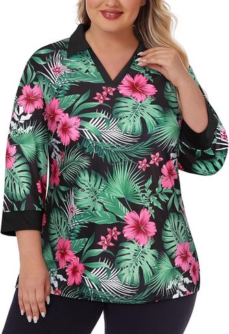 Koscacy Plus Size Womens Golf Polo Shirts 3/4 Sleeve Collared V Neck Colorblock Workout Tops in Saudi Arabia