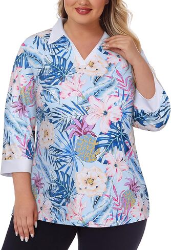 Koscacy Plus Size Womens Golf Polo Shirts 3/4 Sleeve Collared V Neck Colorblock Workout Tops in Saudi Arabia