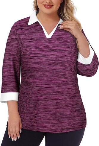 Koscacy Plus Size Womens Golf Polo Shirts 3/4 Sleeve Collared V Neck Colorblock Workout Tops in Saudi Arabia