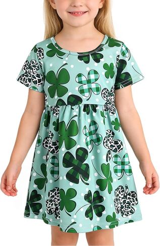 St Patrick Shamrock Toddler Girl Dress Green Clover Print Short Sleeve Dress 3-8Y in Saudi Arabia