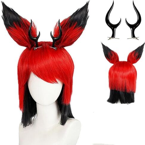Game Hazbin Hotel Alastor Cosplay Wigs With Removable Corner Clip Halloween Christmas Costume Party+Wig Cap in Saudi Arabia