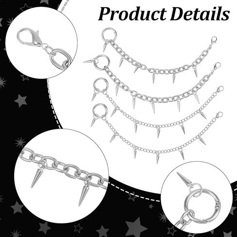 4 Pcs Punk Boot Chains Goth, Goth Shoe Chains for Women, Boot Spikes Charms Spike Chain, DIY Decor for Cowboy Boots, Sneakers Punk Boots, Silver in Saudi Arabia