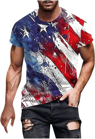 Striped Stars T-Shirt Red White and Blue Patriotic Tees Mens 2025 Summer Short Sleeve Independence Day Graphic Tshirts in Saudi Arabia
