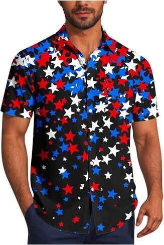 Mens 4th of July Patriotic Shirts Short Sleeve Button Up Beach Tshirts America Flag Red White Blue Stars Stripes Tops in Saudi Arabia